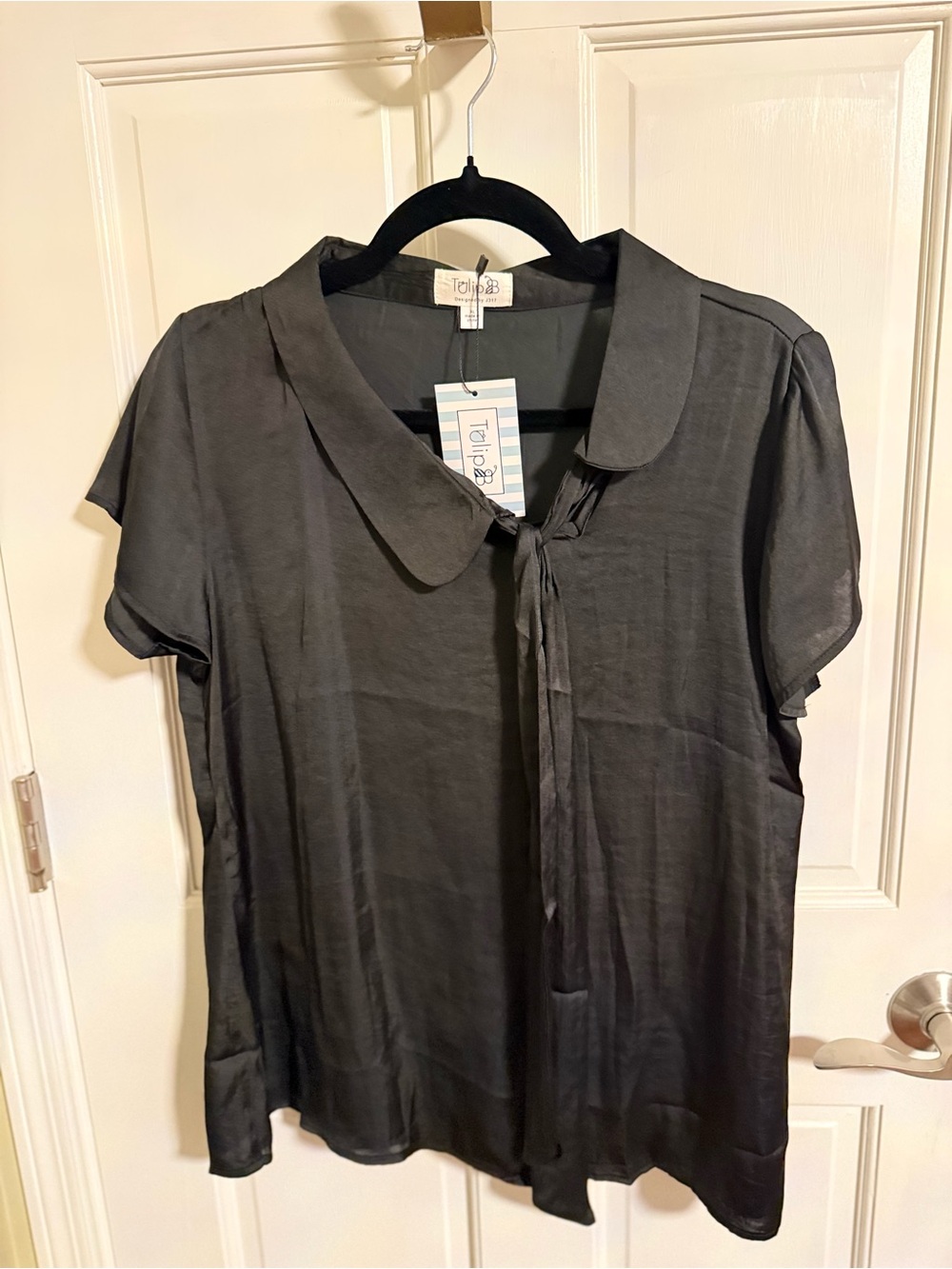 Tulip B Black Tie-Neck Short Sleeve Blouse